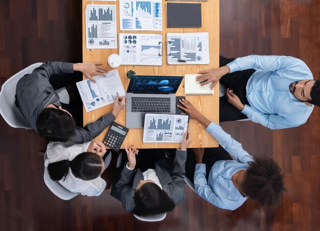 top view multiracial analyst team use bi dashboard display laptop screen analyzing financial data strategic decision fintech analyzes marketing indicators concord 31965 223399